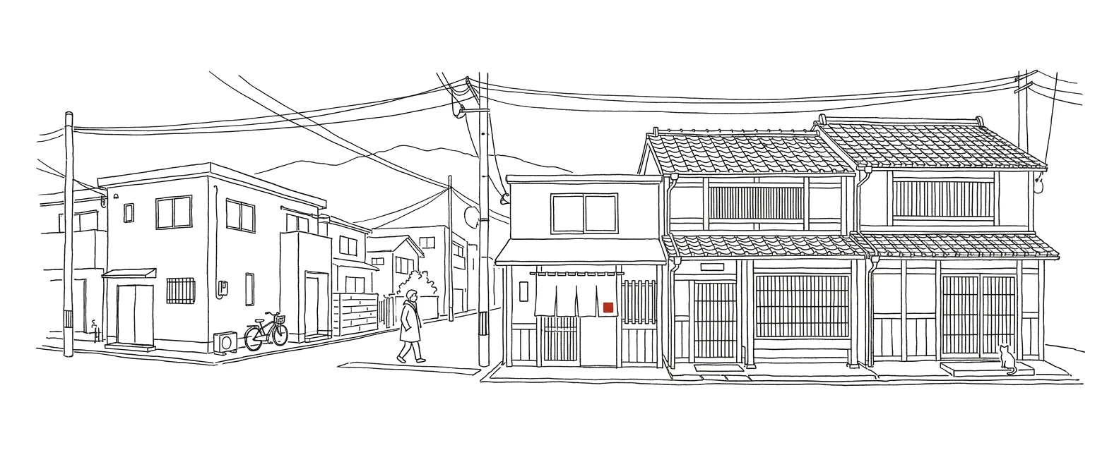 京都の街角の線画。ビルと町家が並び、真ん中にのれんを掛けた小さなはんこ屋がある